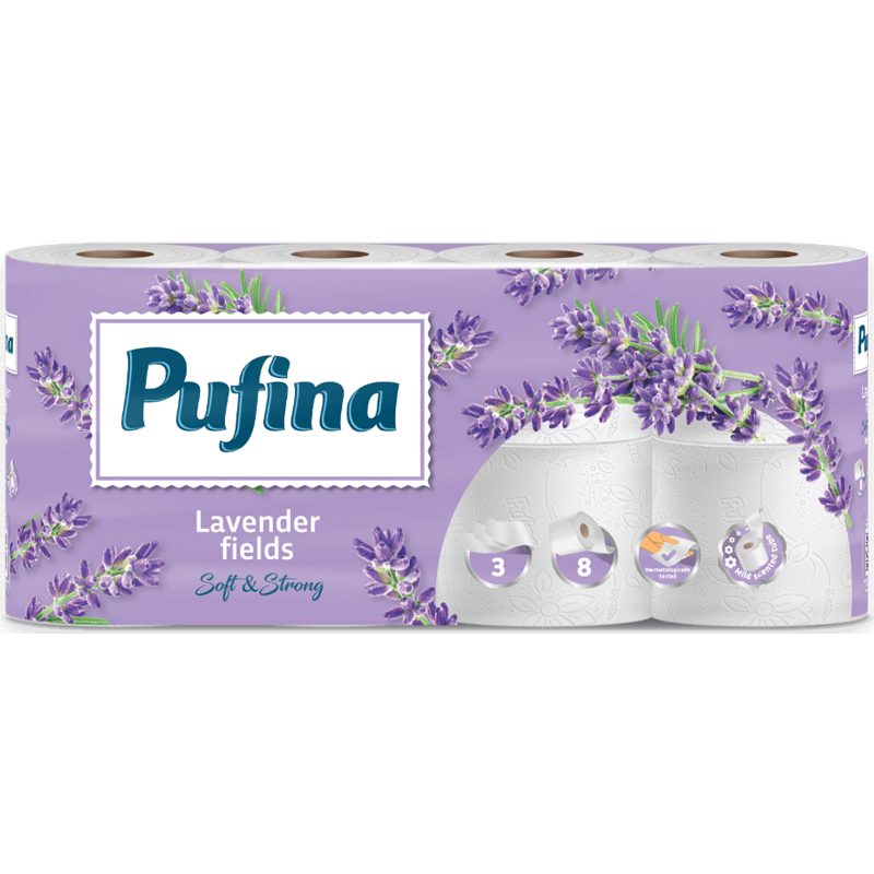 Pufina Hartie Igienica cu Parfum de Lavanda, 3 Straturi, Textura Catifelata, 8 Role per Set