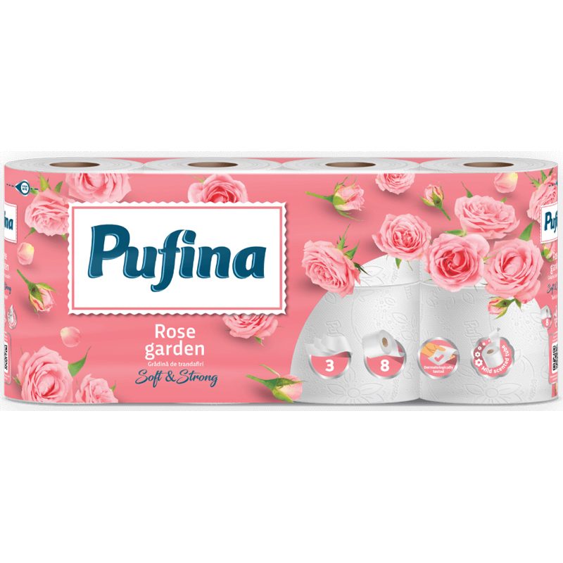 Pufina Hartie Igienica Alba, 3 Straturi, Parfum Trandafiri, Celuloza 100%, 8 Role