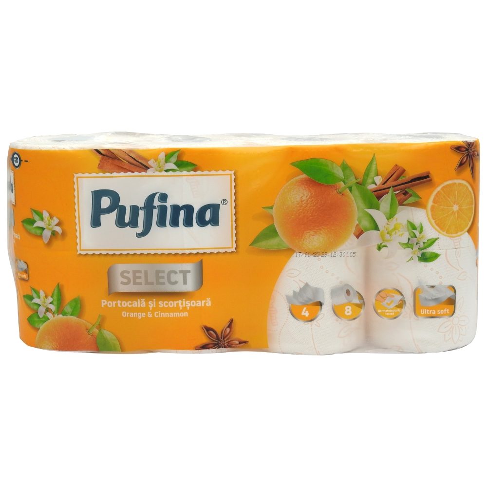 Pufina Hartie Igienica Parfumata, Editie de Iarna cu Aroma de Portocala si Scortisoara, Hartie Igienica 4 Straturi, Alba, 8 Role Pachet