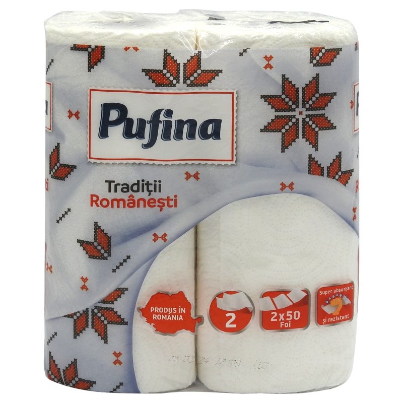 Pufina Prosop de Bucatarie Hartie, Absorbant cu Model Traditii Romanesti, 2 Straturi, 2 Role