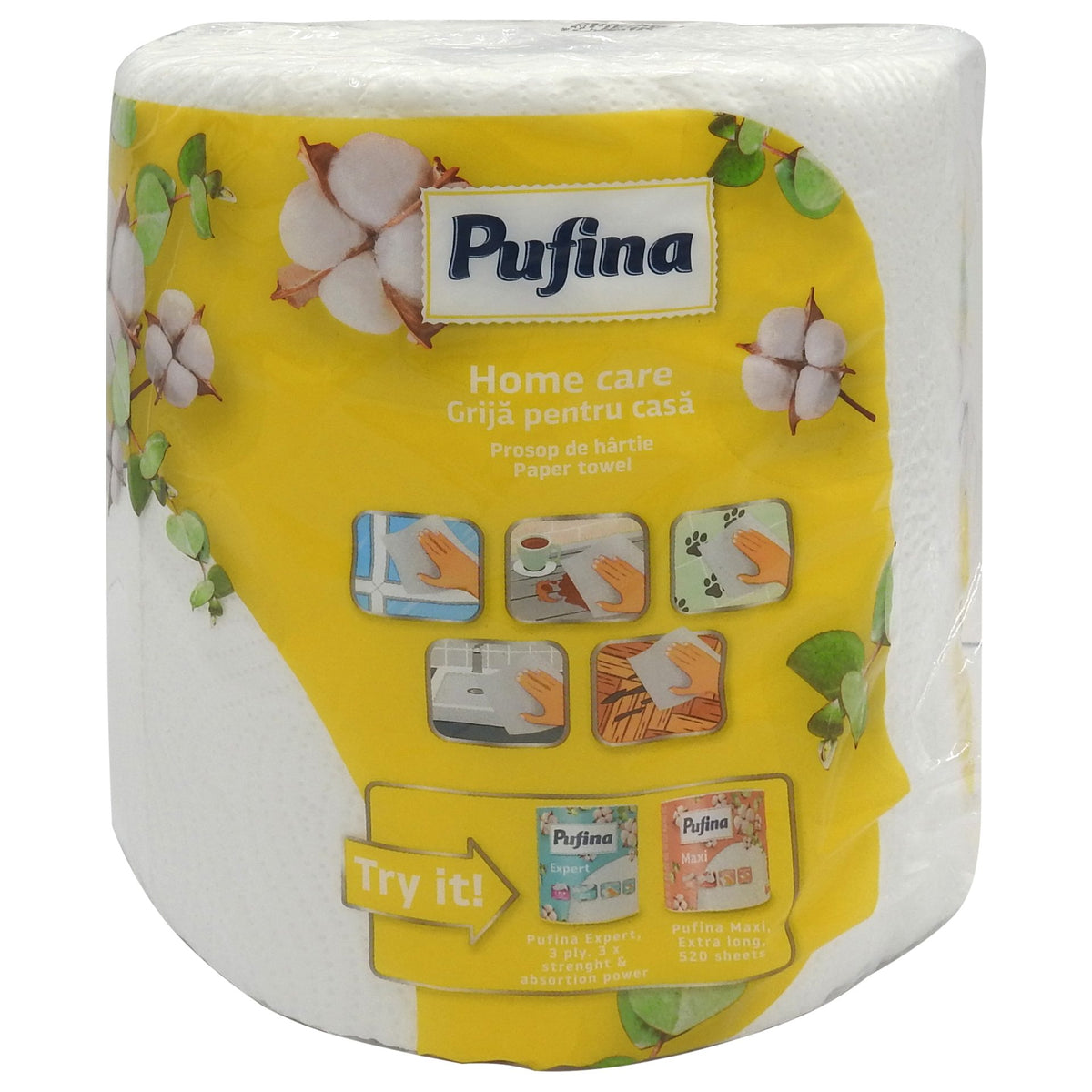 Pufina Home Care Prosop de Bucarie Absorbant, Hartie Gofrata in 2 Straturi, 245 Foi, Alb