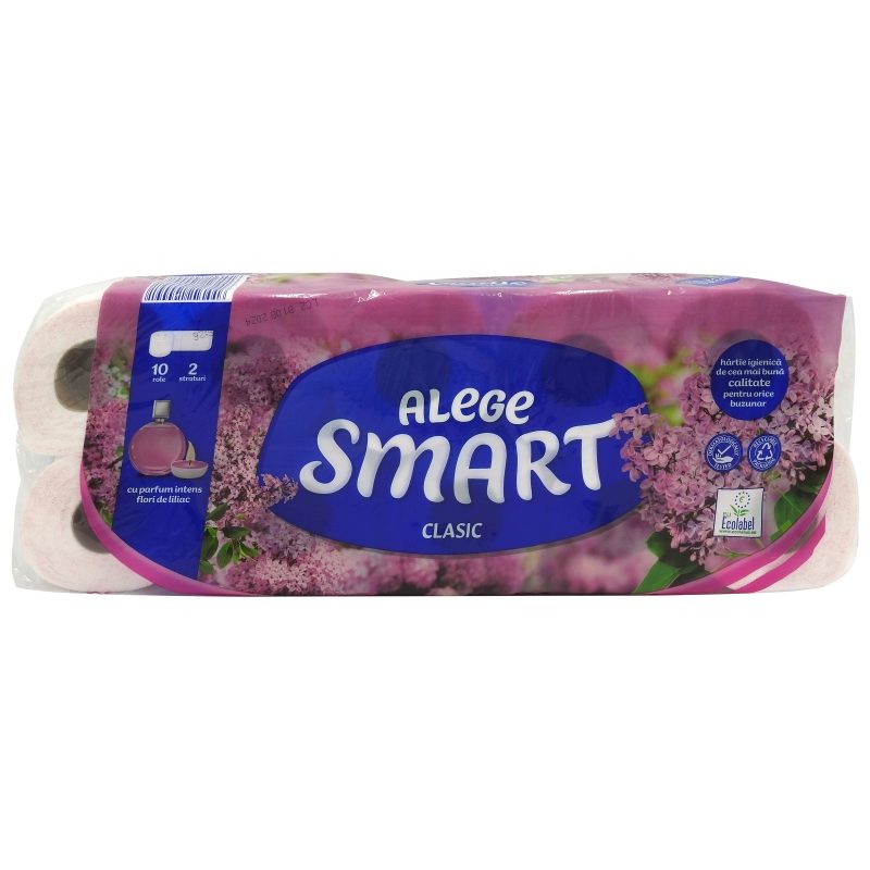 Smart Clasic Hartie Igienica, Textura Soft cu 2 Straturi, Parfum de Liliac, Pachet 10 Role, Culoare Alba