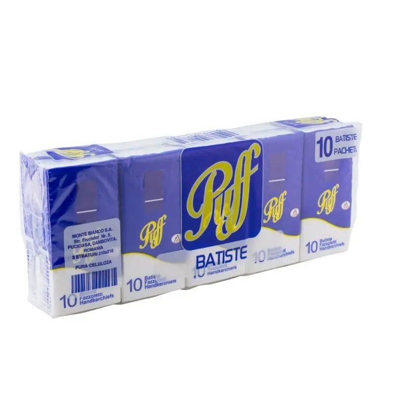 Batiste Nazale Puff, Servetele Igienice cu 3 Straturi, Textura Catifelata, Pachet de 10 Bucati