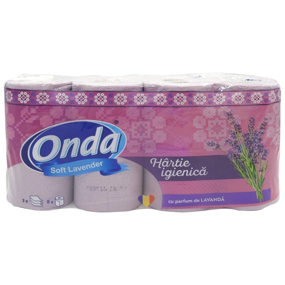 Onda Hartie Igienica cu Parfum de Lavanda, 3 Straturi, Textura Fina si Rezistenta, 8 Role