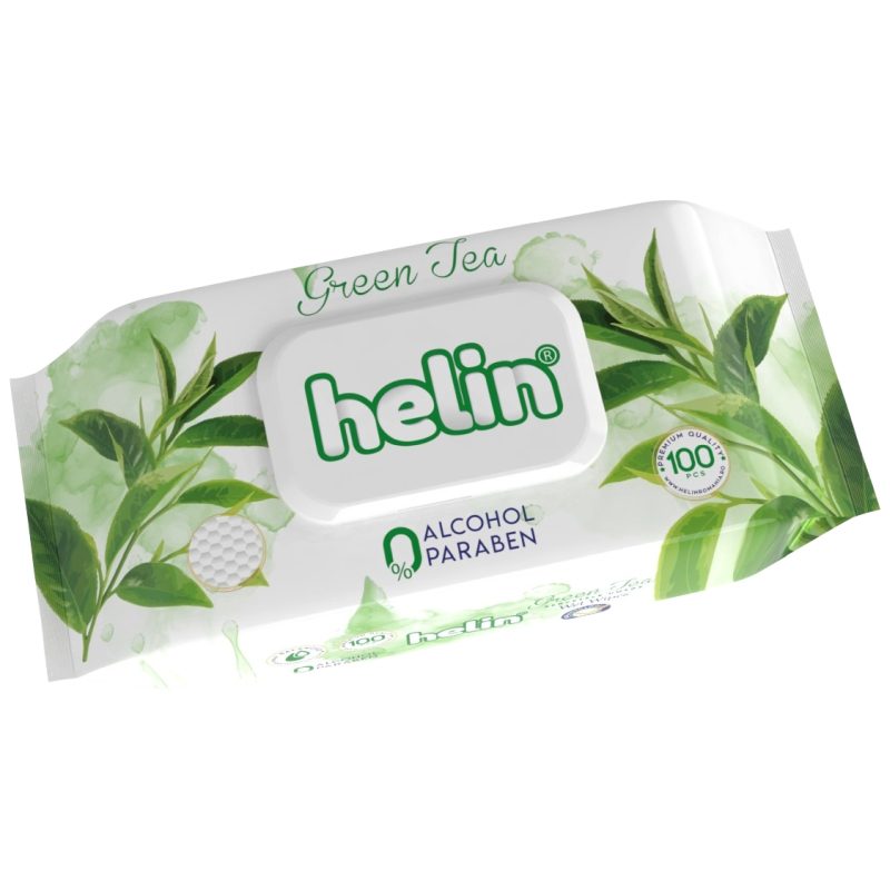 Helin Șervețele Umede Curățare Delicată, Extract Ceai Verde, Textură Moale, Fără Alcool, 100 Bucăți