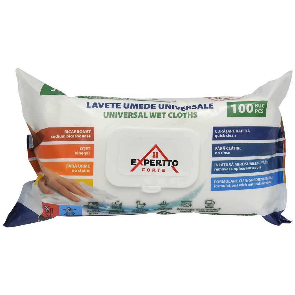 Hygienium Expertto Lavete Umede Universale, Servetele Curatare cu Bicarbonat si Otet, Textura Rezistenta, 100 Bucati