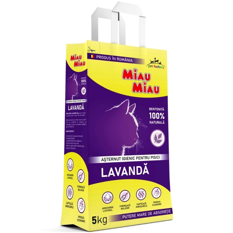 Miau Miau Asternut Igienic pentru Pisici, Bentonit-a Naturala cu Parfum de Lavanda, Absorbant si Aglomerant, 5 kg