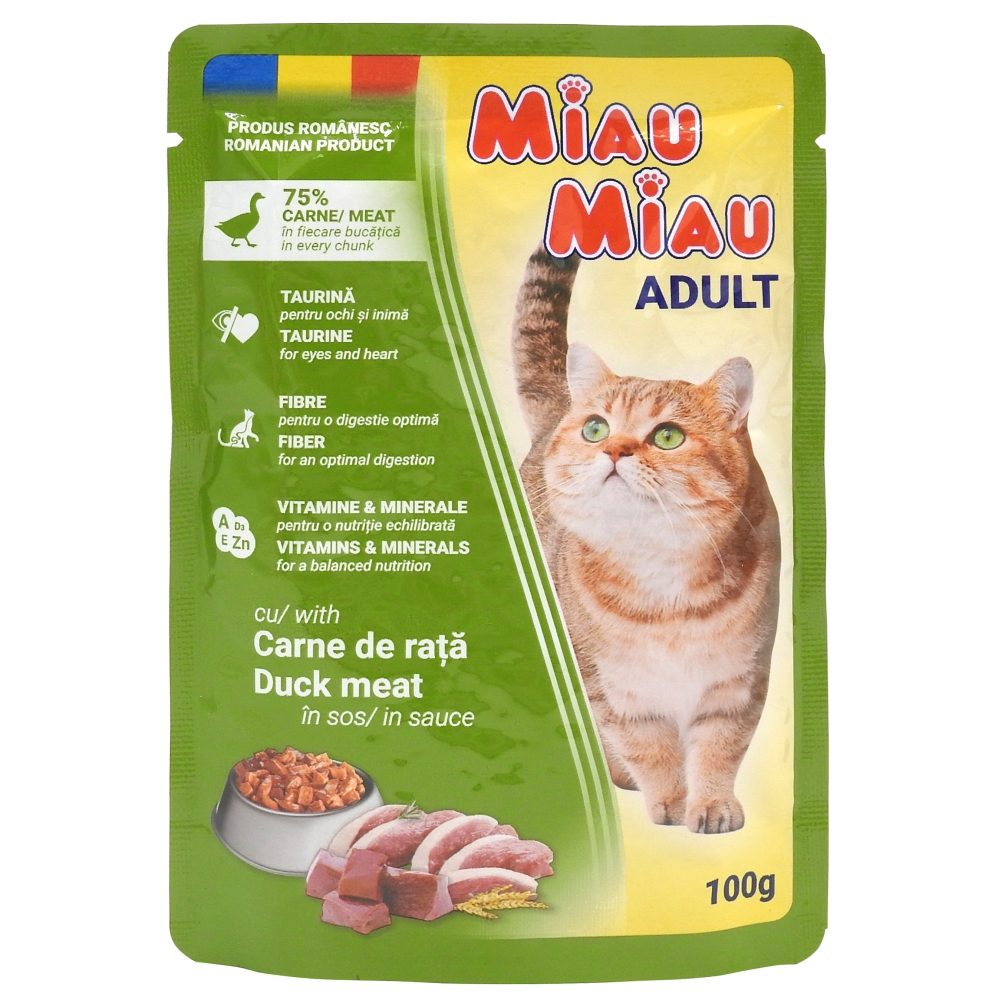 Miau Miau Hrana Umeda pentru Pisici Adulti, Bucatele de Rata in Sos, Plic 100 g