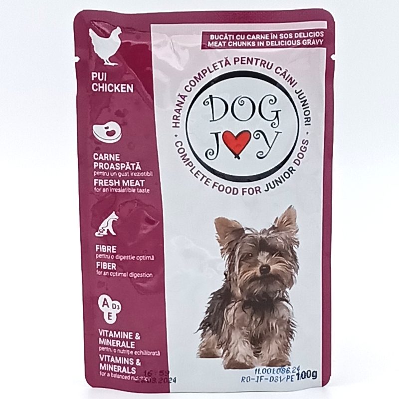 Dog Joy Hrană Umedă pentru Căței Junior, Plic cu Carne de Pui în Sos, Textură Fragedă, 100 g