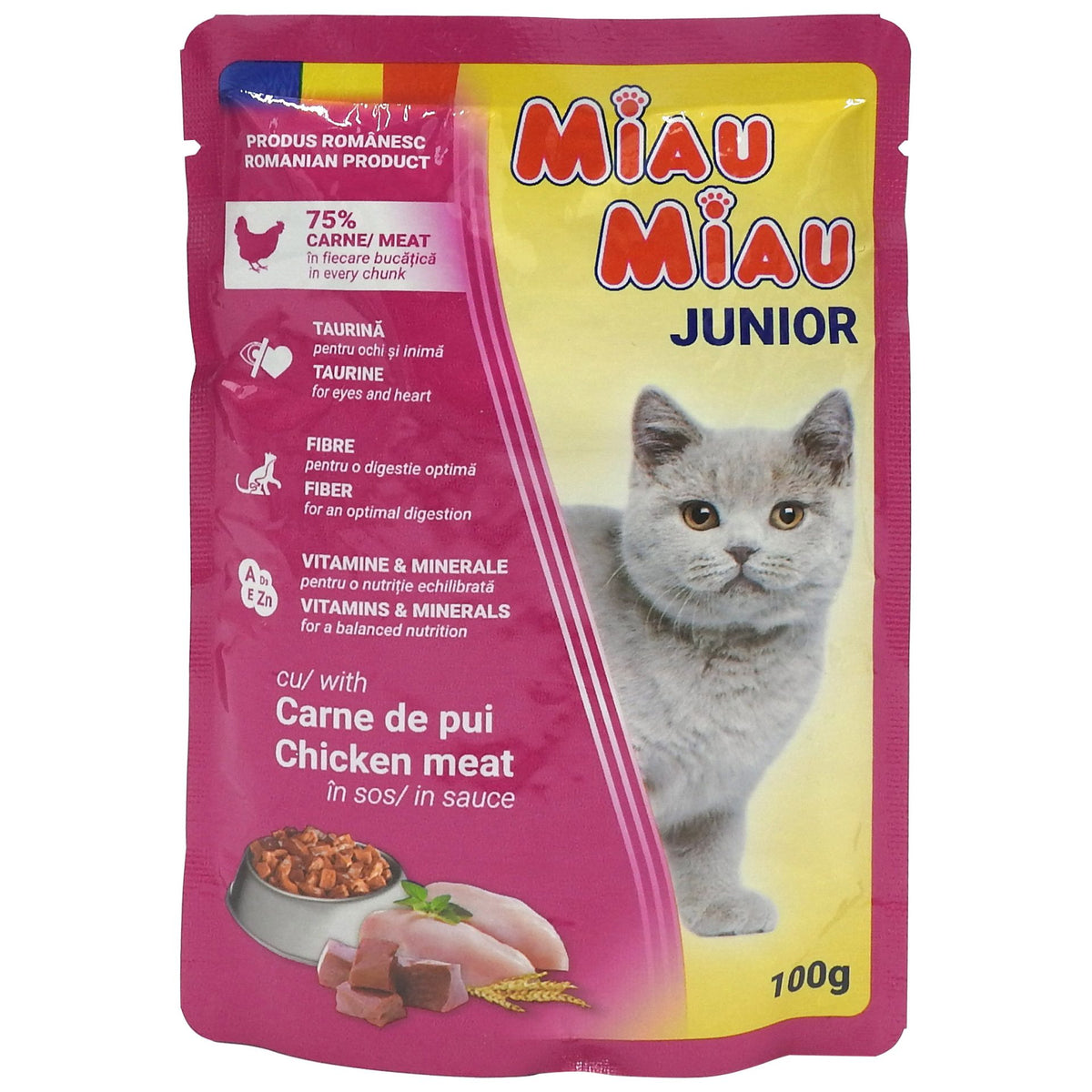Miau Miau Hrana Umeda pentru Pisici Junior, Plic cu Bucatele de Carne in Sos, 100 g