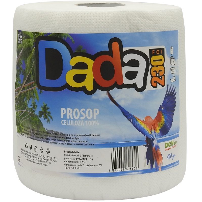 Dada Prosop de Bucătărie din Hârtie, Absorbant și Rezistent, 2 Straturi, 230 Foi, Alb