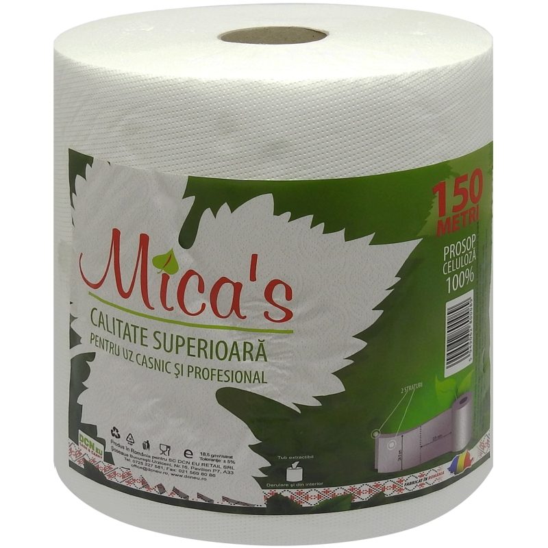 Micas Prosop de Bucatarie Rola Jumbo, Hartie Profesionala Absorbanta, 2 Straturi, 150 Metri, Alb