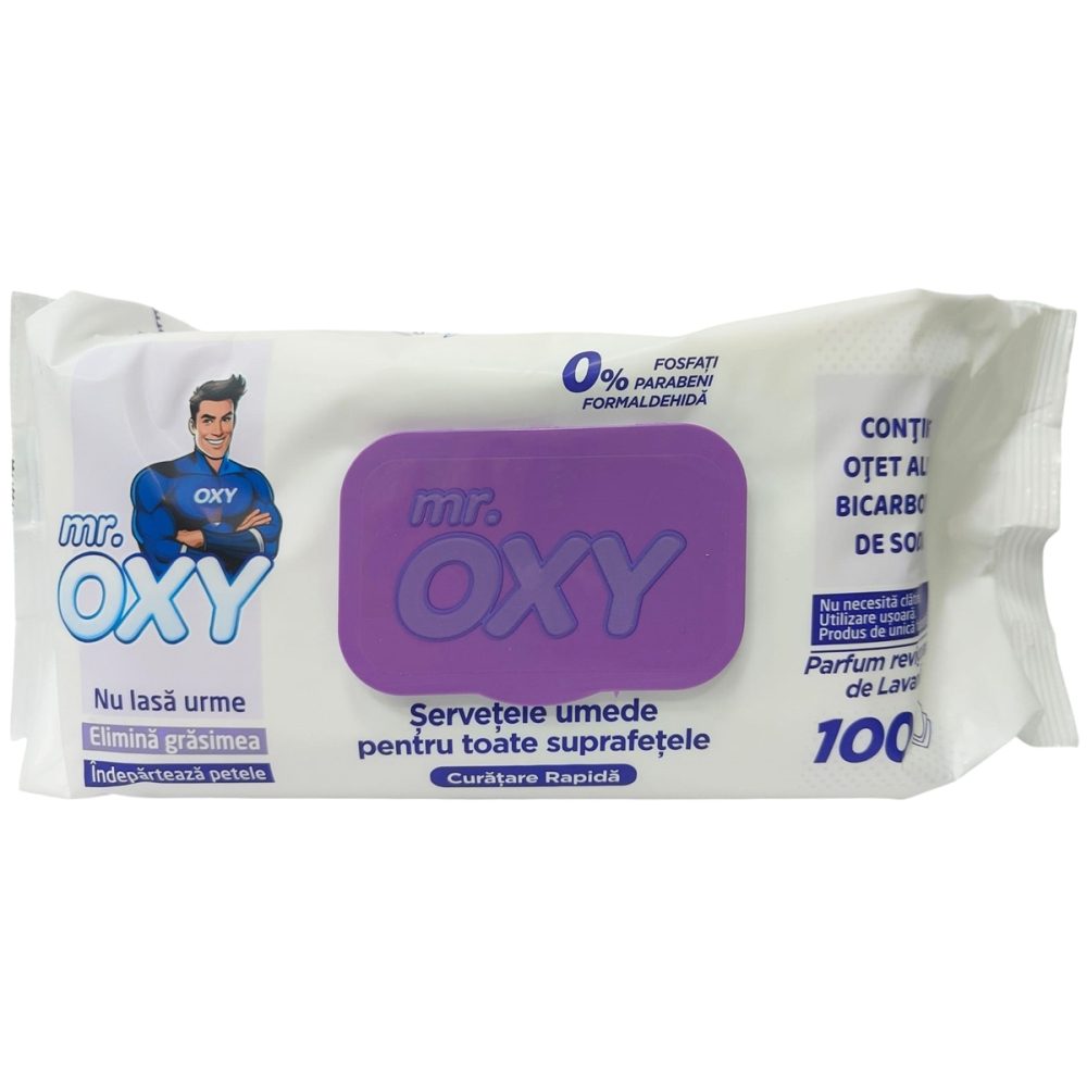 Mr. Oxy Șervețele Umede Multisuprafețe, Igienizante cu Parfum de Lavandă, Curățare Rapidă, Pachet 100 Bucăți