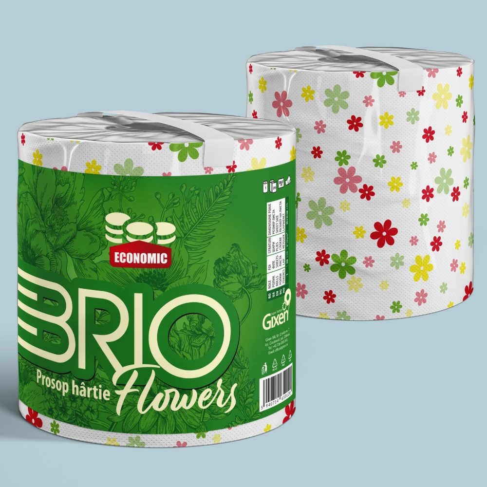 Brio Prosop Bucătărie din Hârtie, Rulou Jumbo Absorbant, 2 Straturi, Model Imprimat Flower, 400 g