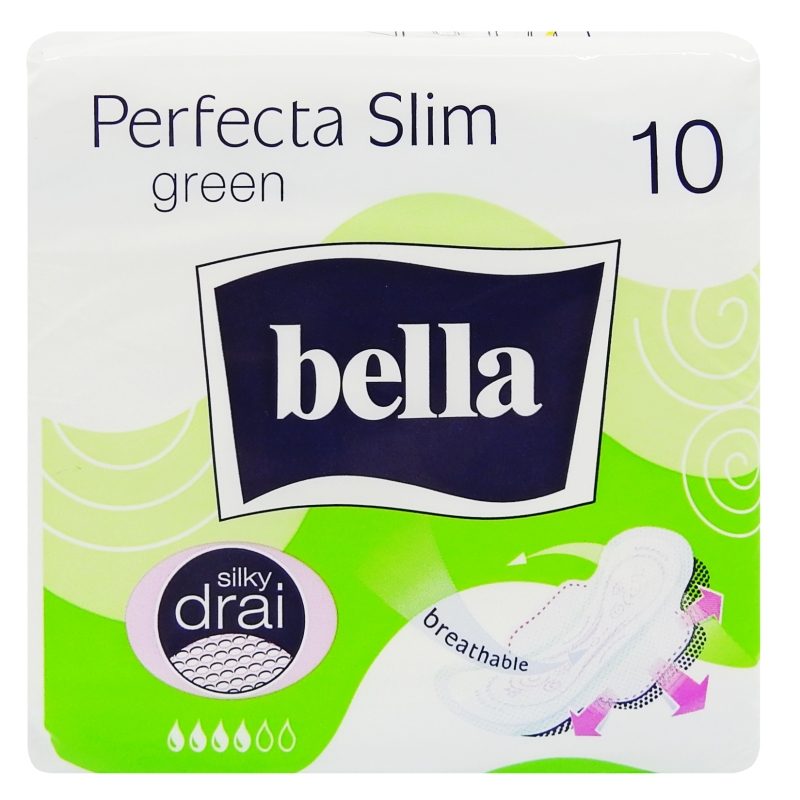 Bella Perfecta Slim Green, Absorbante Igienice Subțiri cu Extract de Ceai Verde, 2 mm Grosime, 10 Bucăți