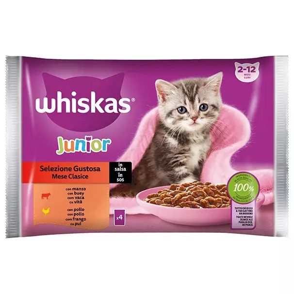Whiskas Junior, Hrana Umeda pentru Pisici, Selectie de Pui si Vita in Sos, Plic, 4 x 85 g