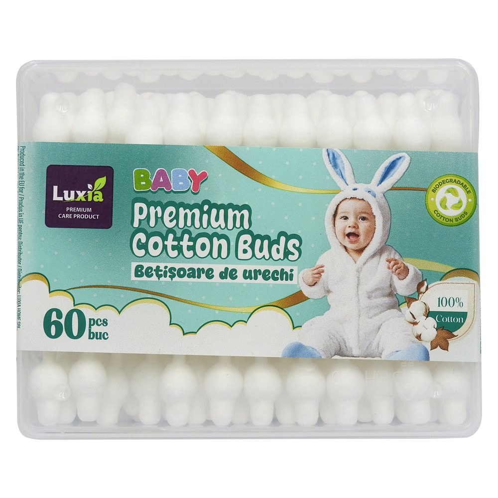 Luxia, Betisoare de Urechi pentru Copii, Bumbac Natural cu Opritor de Siguranta, Alb, 60 Bucati