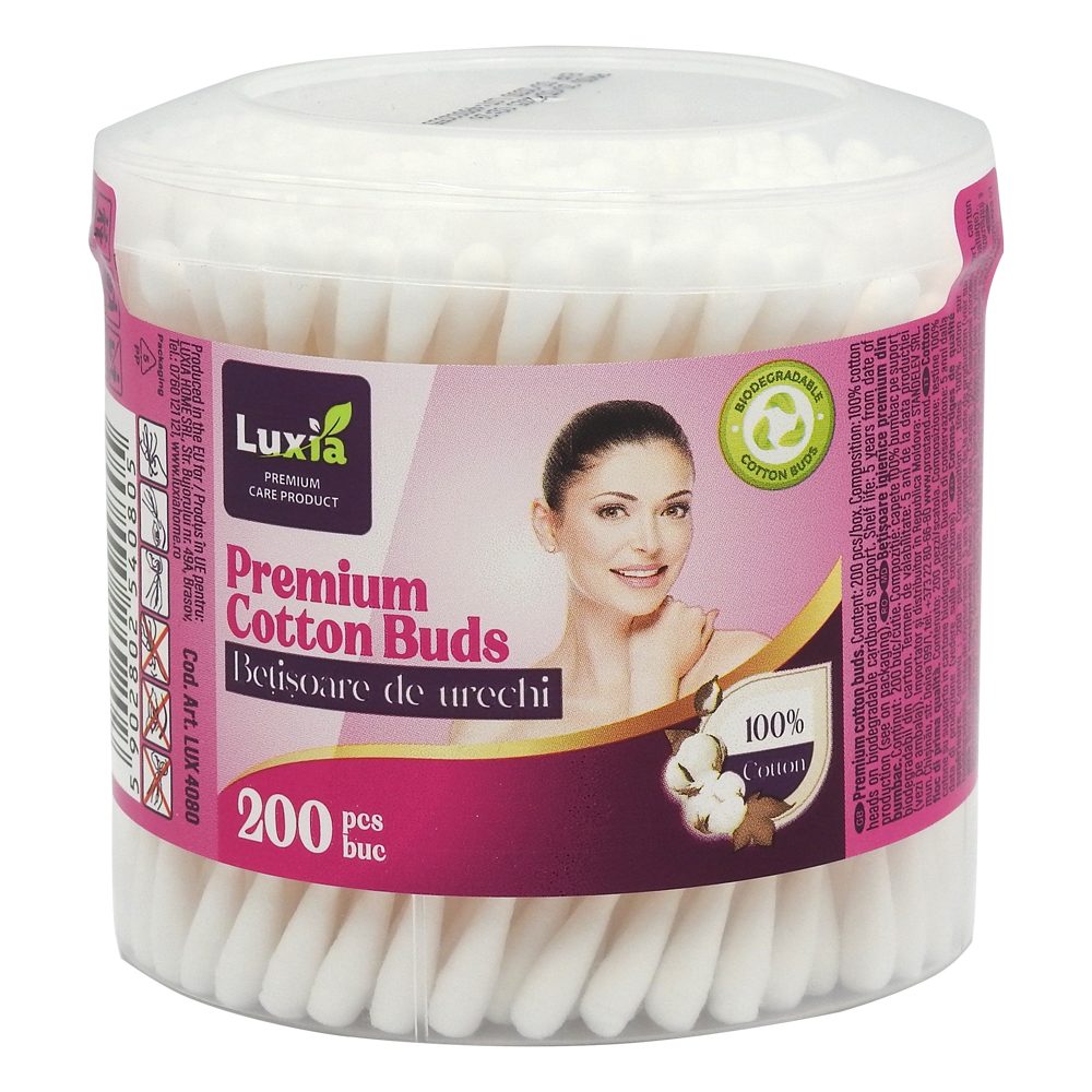 Luxia Betisoare de Urechi din Bumbac si Plastic, Cutie Protectie Igienica, 200 Bucati