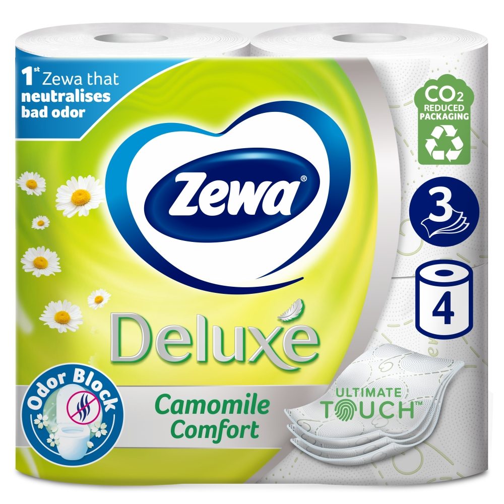 Zewa Hartie Igienica Umeda cu Extract de Musetel, 3 Straturi, Textura Delicata, Alba, 4 Role