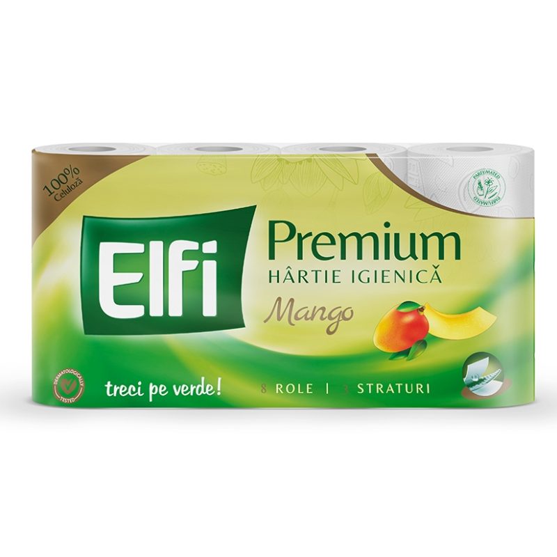 Elfi Premium Hartie Igienica 3 Straturi, Parfum de Mango, Celuloza 100%, 8 Role per Set