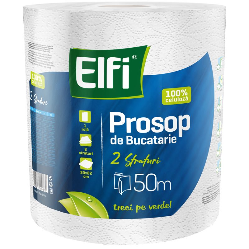Elfi Prosop de Hartie Super Absorbant, 2 Straturi, Rola Uriasa de 50 Metri, Celuloza 100%, Alb, 1 Bucata