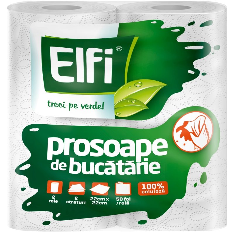 Elfi Prosop Bucatarie, Hartie Absorbanta in 2 Straturi, Celuloza Alba, Set 2 Role