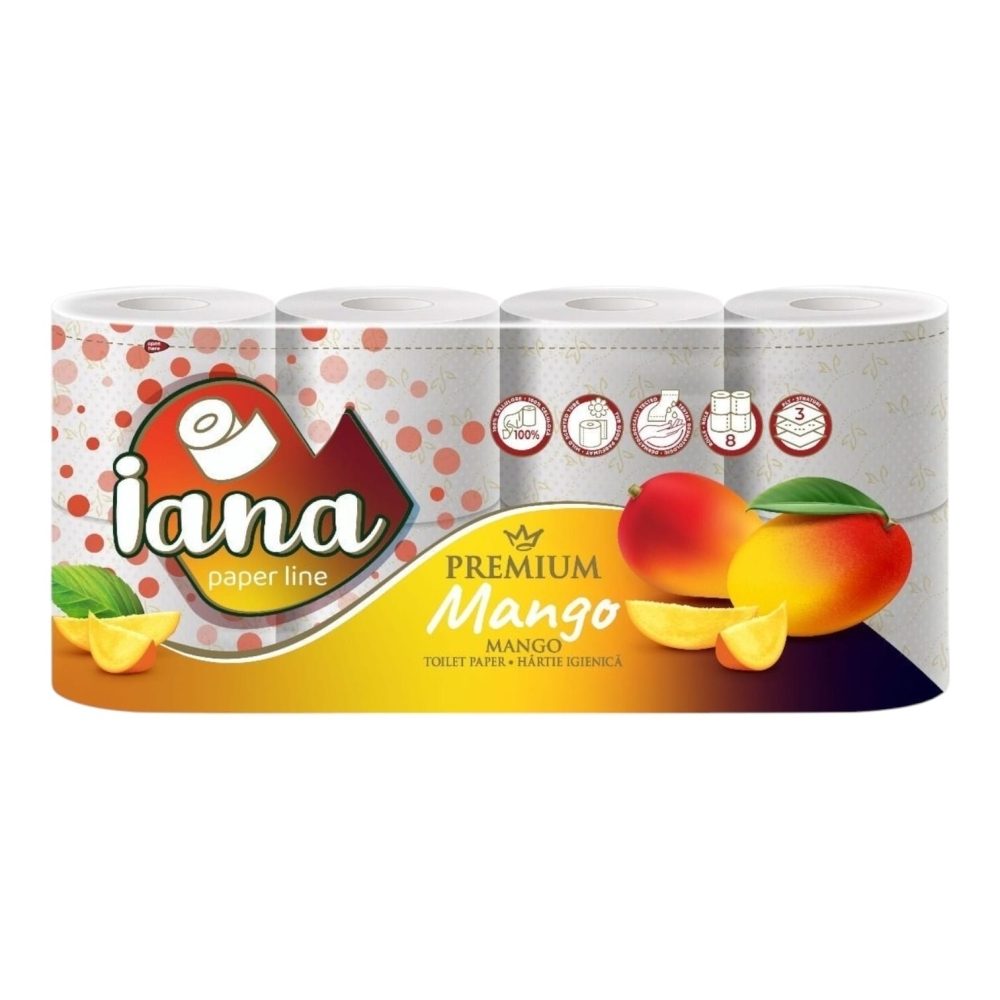 Iana Hartie Igienica Premium, 3 Straturi, Aroma Mango, Textura Catifelata, Set 8 Role