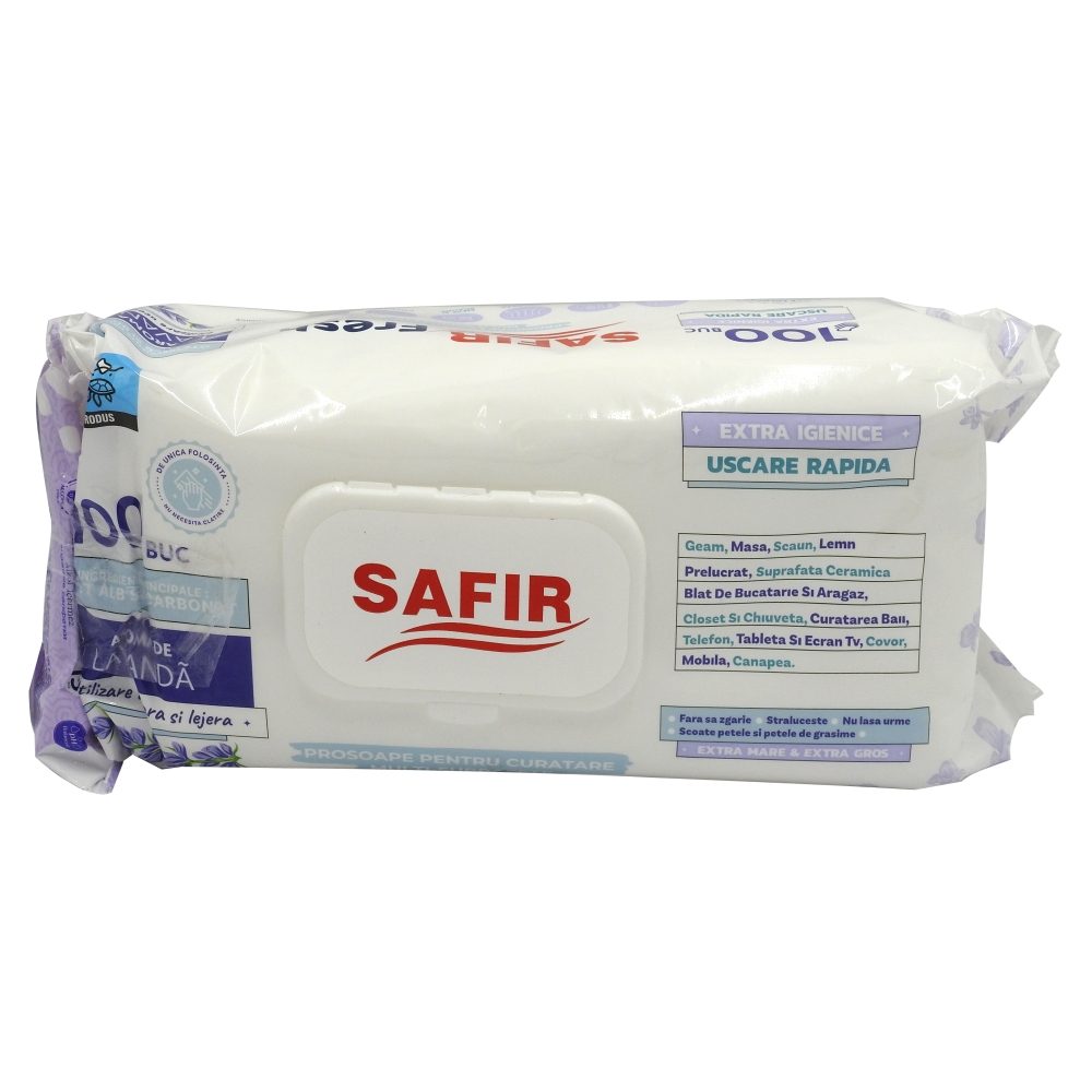Safir Șervețele Umede Multisuprafețe, Igienizante cu Parfum de Lavandă, Pachet 100 Bucăți