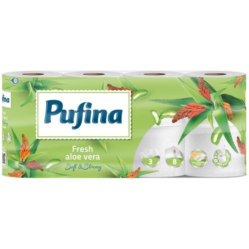 Pufina Hartie Igienica cu Extract de Aloe Vera, 3 Straturi, Textura Catifelata, Celuloza 100%, 8 Role