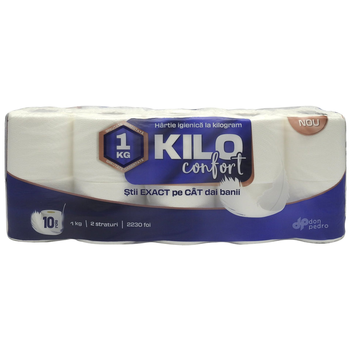 Kilo Hartie Igienica Alba, 10 Role, 2 Straturi, 2230 Foi, Hartie Reciclata, Set 10 Bucati