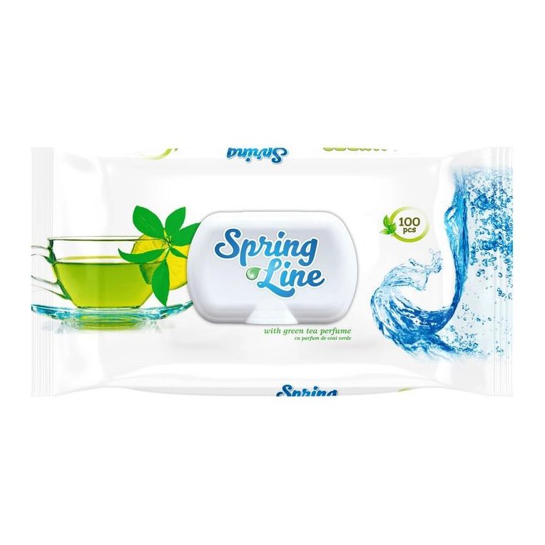 Spring Line, Servetele Umede cu Capac, Curatare si Hidratare, Fibre Textile, 100 Bucati
