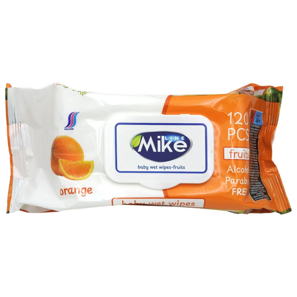 Mike Line Șervețele Umede Igienice, Parfum Portocală Fresh, Capac de Plastic pentru Protecție, 120 Bucăți