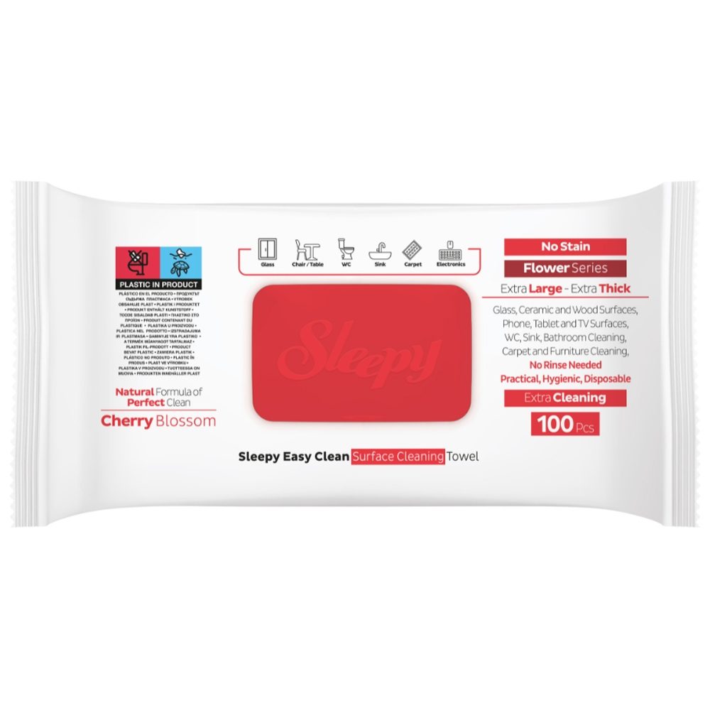 Sleepy Easy Clean, Șervețele Umede Multisuprafață, Formulă cu Oțet Alb și Bicarbonat de Sodiu, Parfum Cherry Blossom, 100 Bucăți
