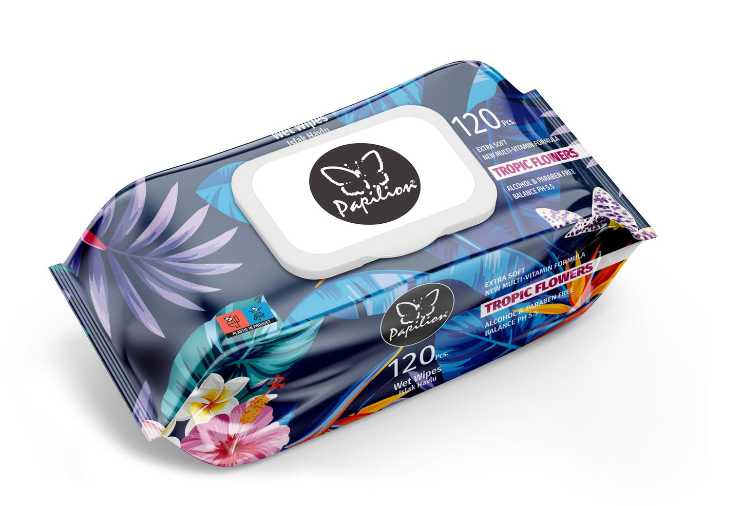 Papilion Șervețele Umede Antibacteriene, Parfum Tropical Flowers, Cu Capac Pentru Reîmprospătare, 120 Bucăți