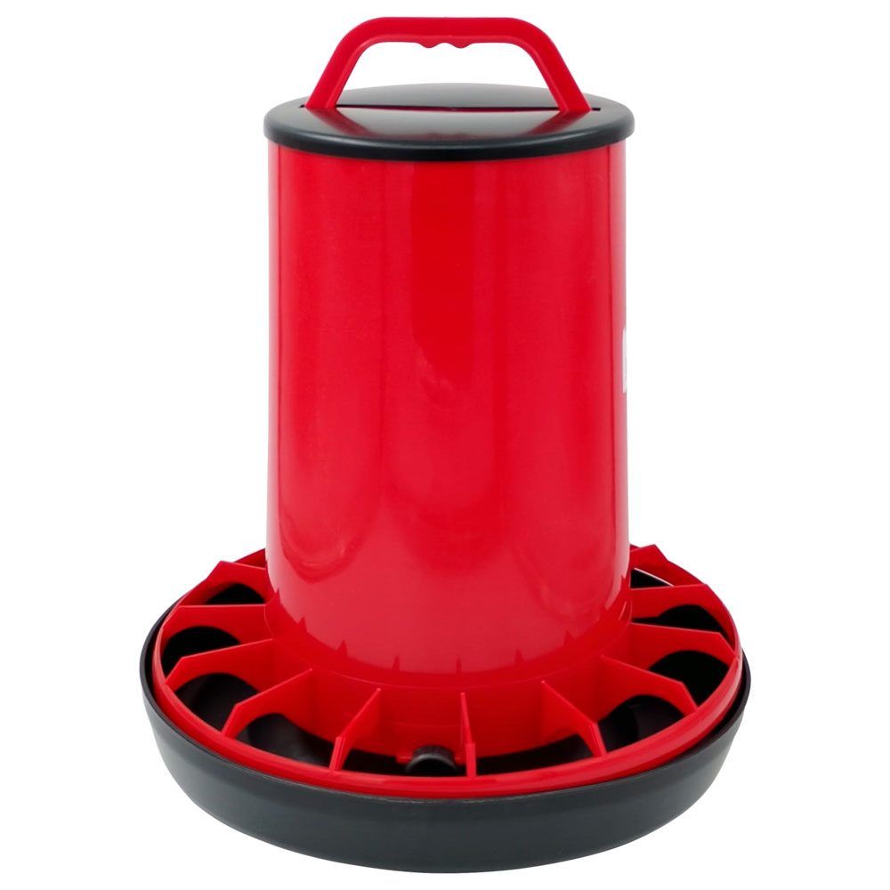 Hranitoare pentru Pui si Pasari de Curte, Capacitate 18 L, Design Anti-Risipa, Plastic Durabil, Rosu/Alb, 1 Bucata