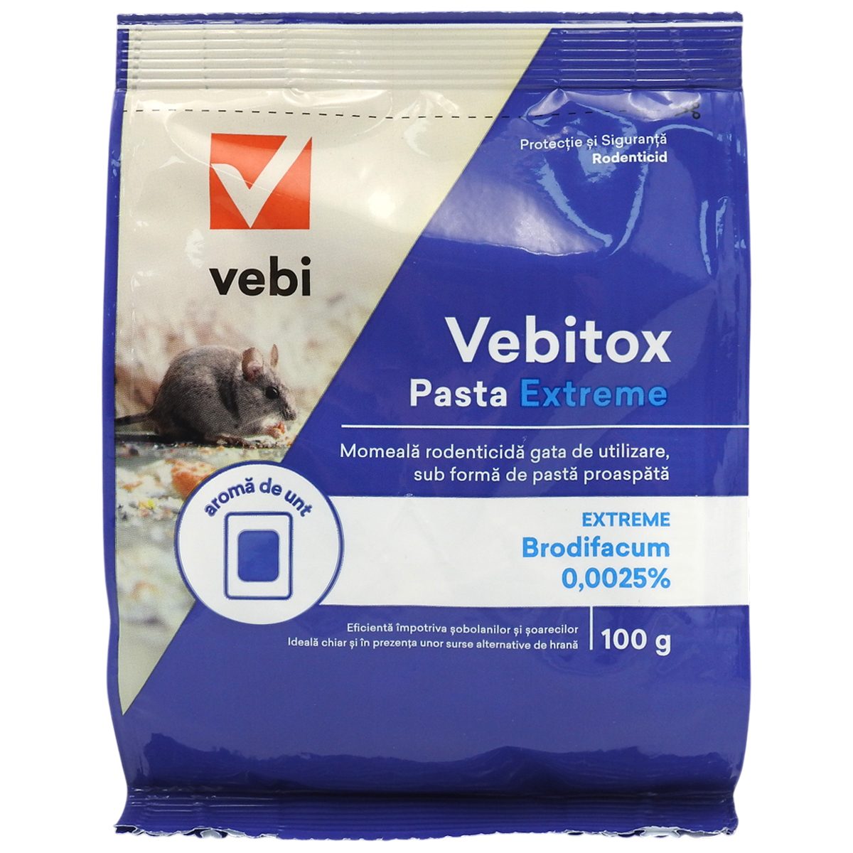 Vebitox Raticid Pasta Extreme, Momala Rodenticida Sub Forma de Pasta, Bromadiolon 0.005%, 100 g