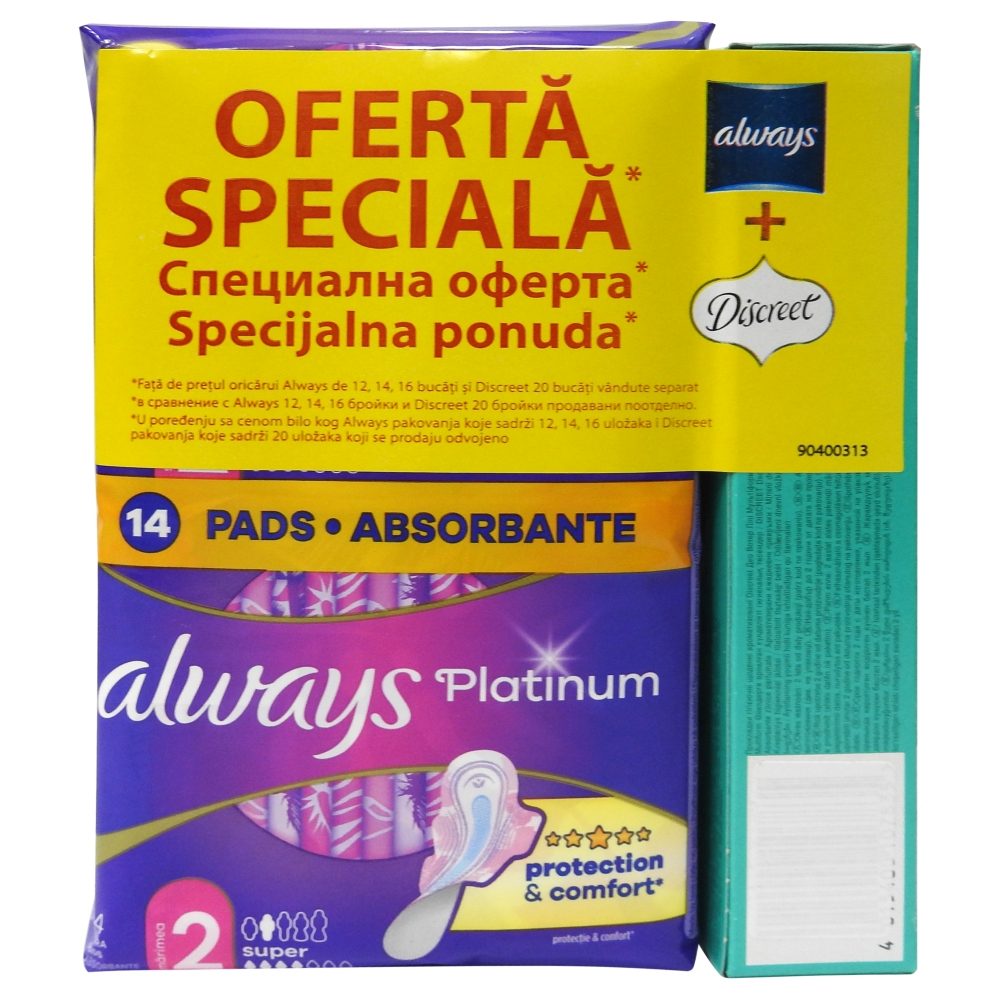 Always Platinum Super Absorbante Igienice cu Aripi, Pachet 14 Bucati si Always Discreet Waterlily Absorbante Zilnice cu Parfum, 20 Bucati
