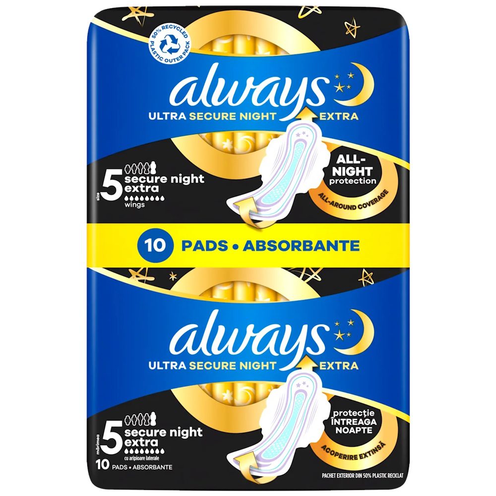 Always Ultra Secure Night Extra, Absorbante Igienice Cu Aripi, Strat Interior Absorbant Gata de Somn, Protectie Spate Extinsa, Marimea 5, 10 Bucati