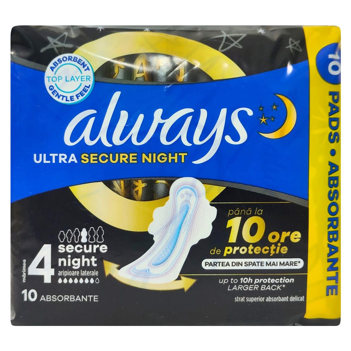 Always Ultra Secure Night, Absorbante Igienice cu Aripi, Protectie Noapte, Marimea 4, 10 Bucati