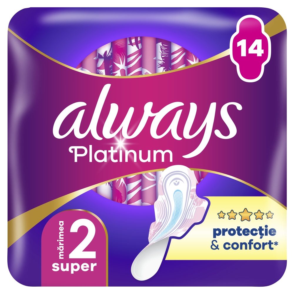Always Platinum Super, Absorbante Igienice cu Aripi, Protectie si Confort, Marimea 2, 14 Bucati