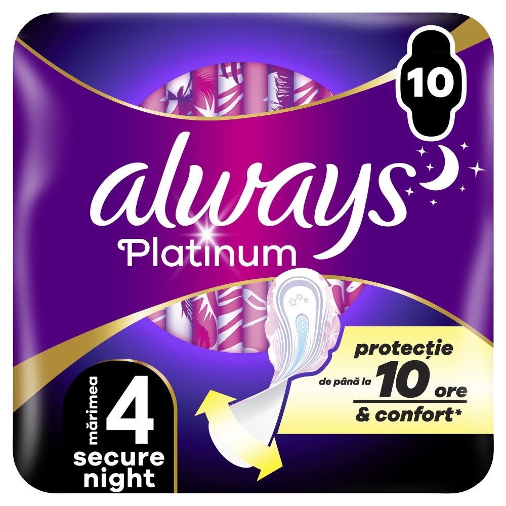Always Platinum Ultra Secure Night, Absorbante Igienice cu Aripi, Protectie si Confort Sporit, Marimea 4, 10 Bucati