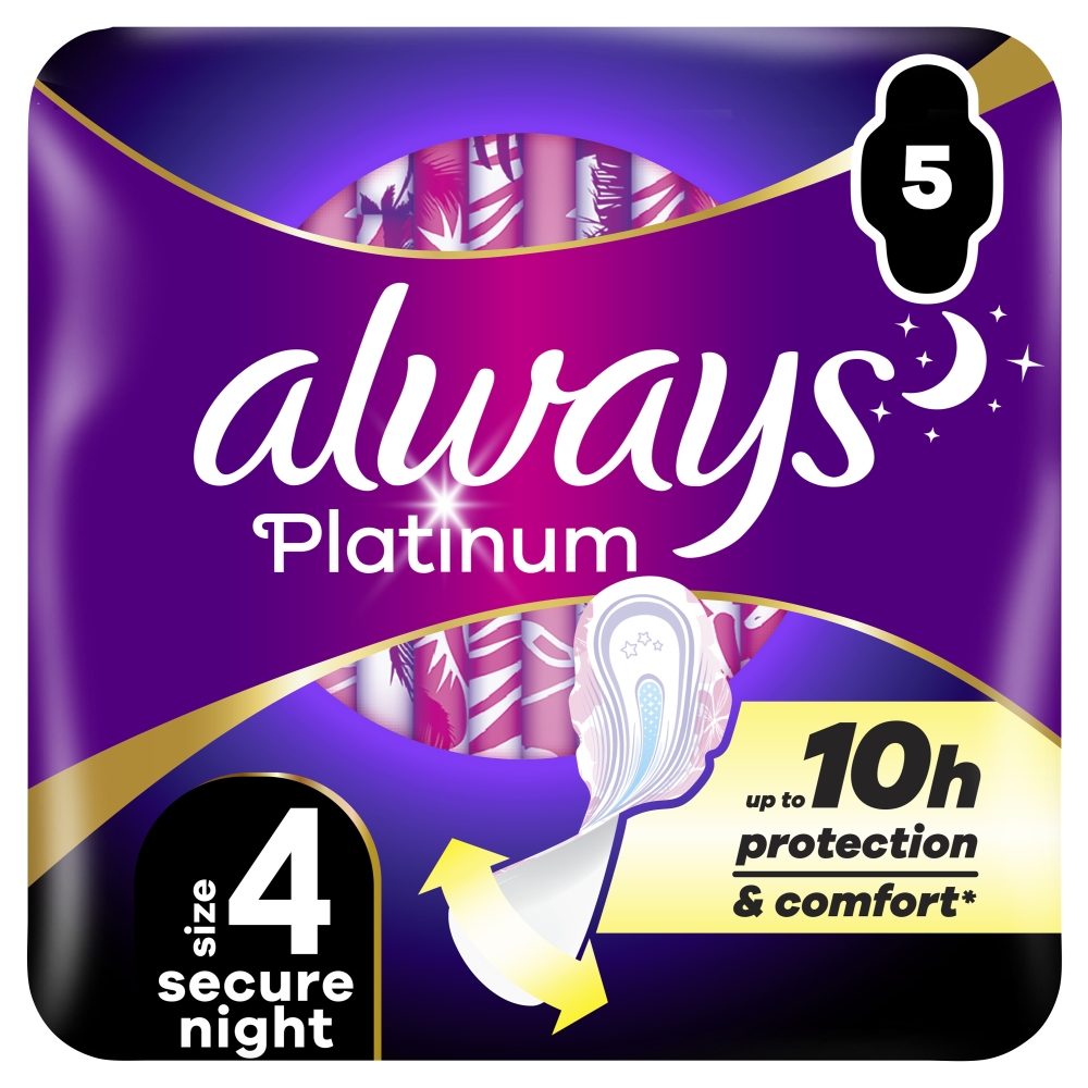Always Platinum Ultra Night, Absorbante Igienice cu Aripi, Protectie Superioara impotriva Scurgerilor, Marimea 4, 5 Bucati