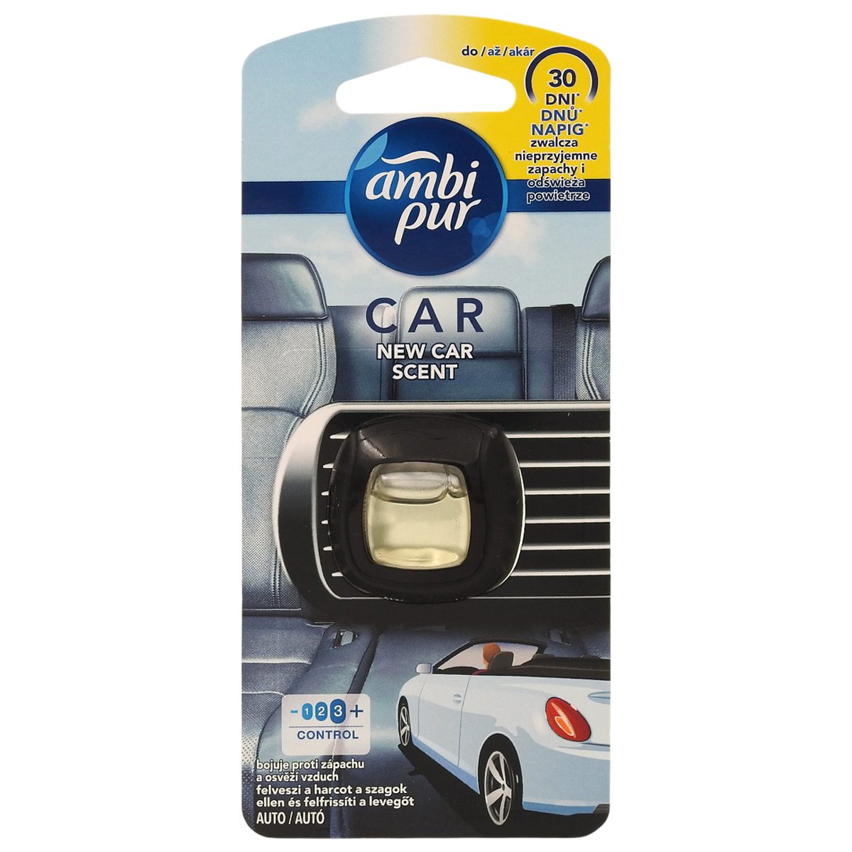 Ambi Pur Odorizant Auto, Dispozitiv Reîmprospătare Aer, Tehnologie Odourclear, Parfum New Car, 2 ml