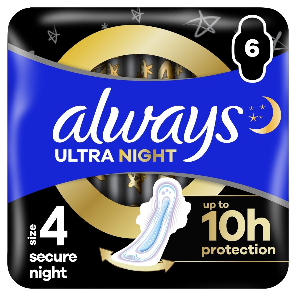 Always Ultra Secure Night Absorbante Igienice Cu Aripi, Protectie Maxima Pe Timpul Noptii, Pachet 6 Bucati