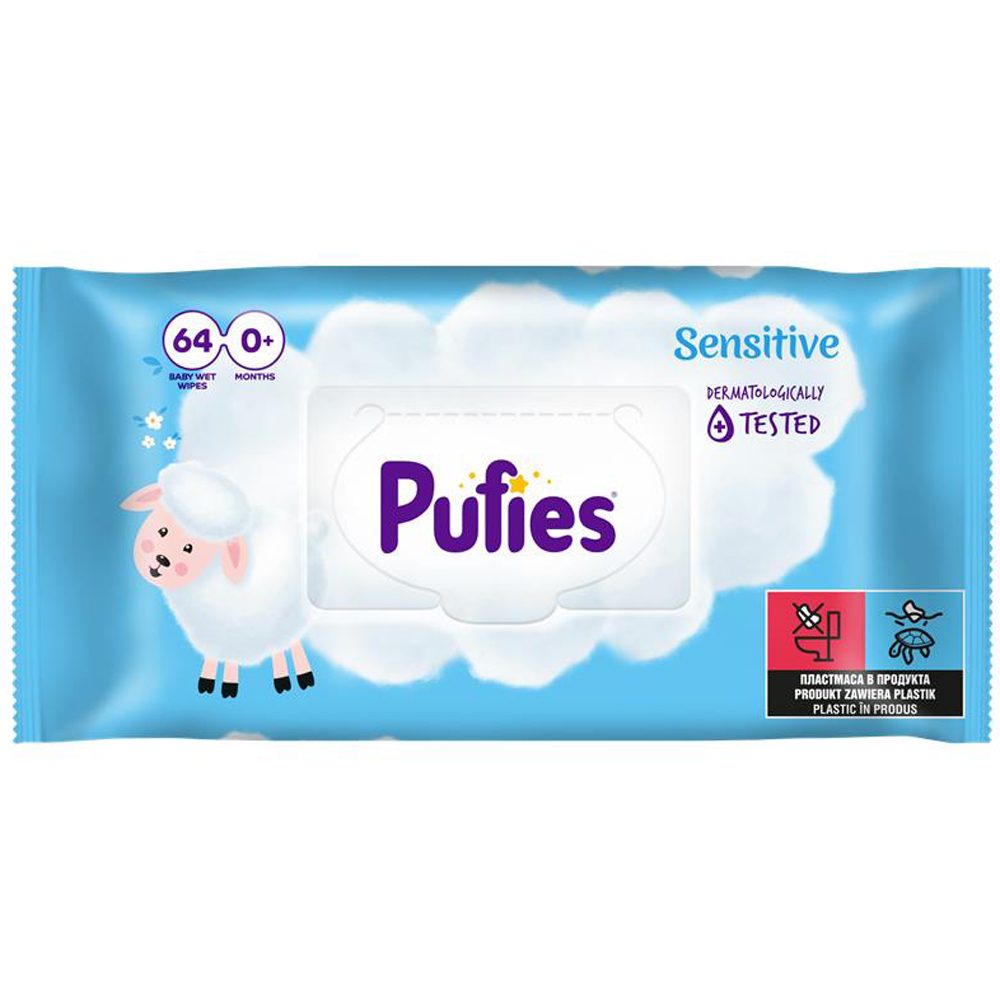 Pufies Sensitive, Șervețele Umede Pentru Bebeluși, Hipoalergenice, Cu Lotiune Delicată, 64 Bucăți