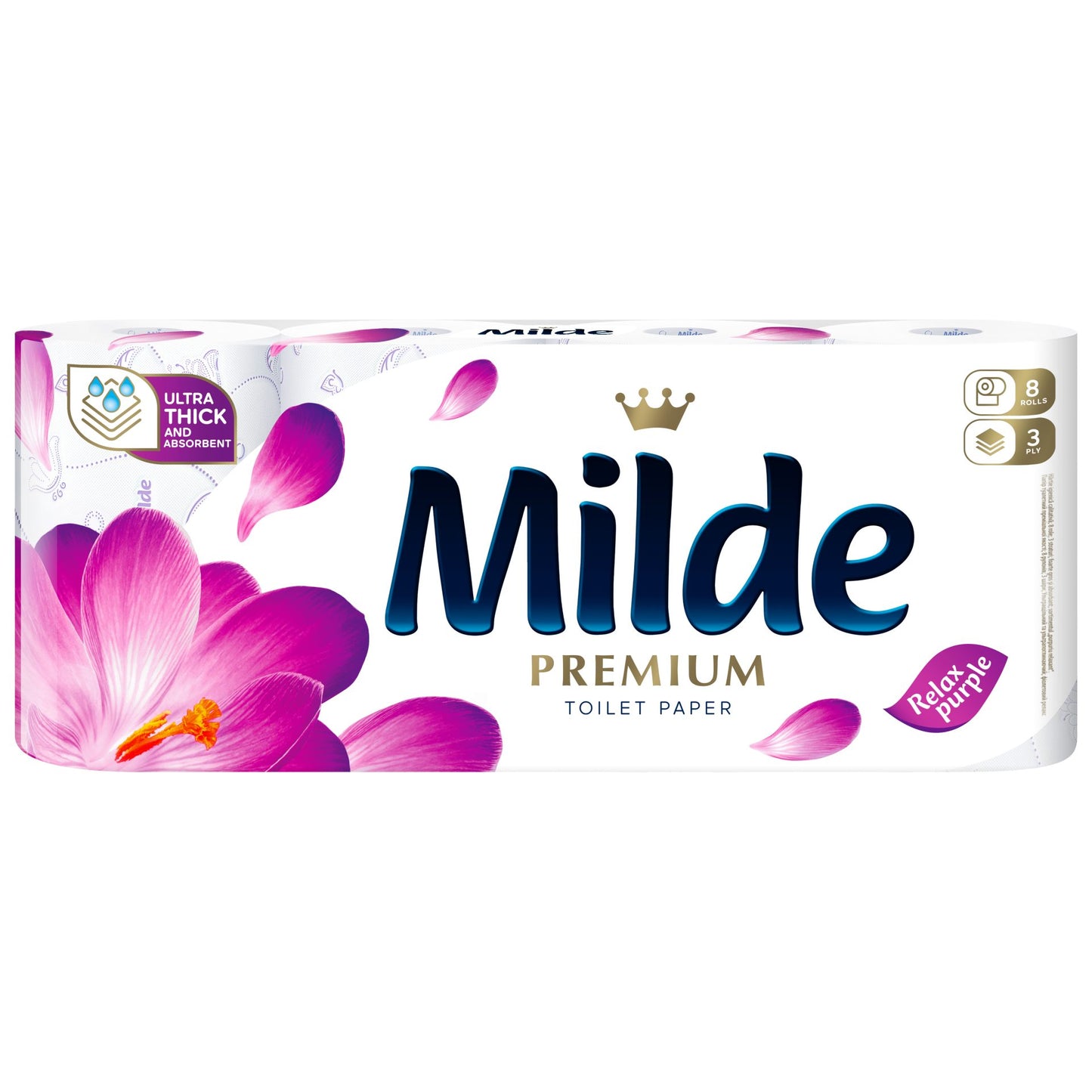 Hartie Igienica Milde Relax Purple, 3 Straturi, Parfum Floral, Textura Fina si Rezistenta, 8 Role, Mov