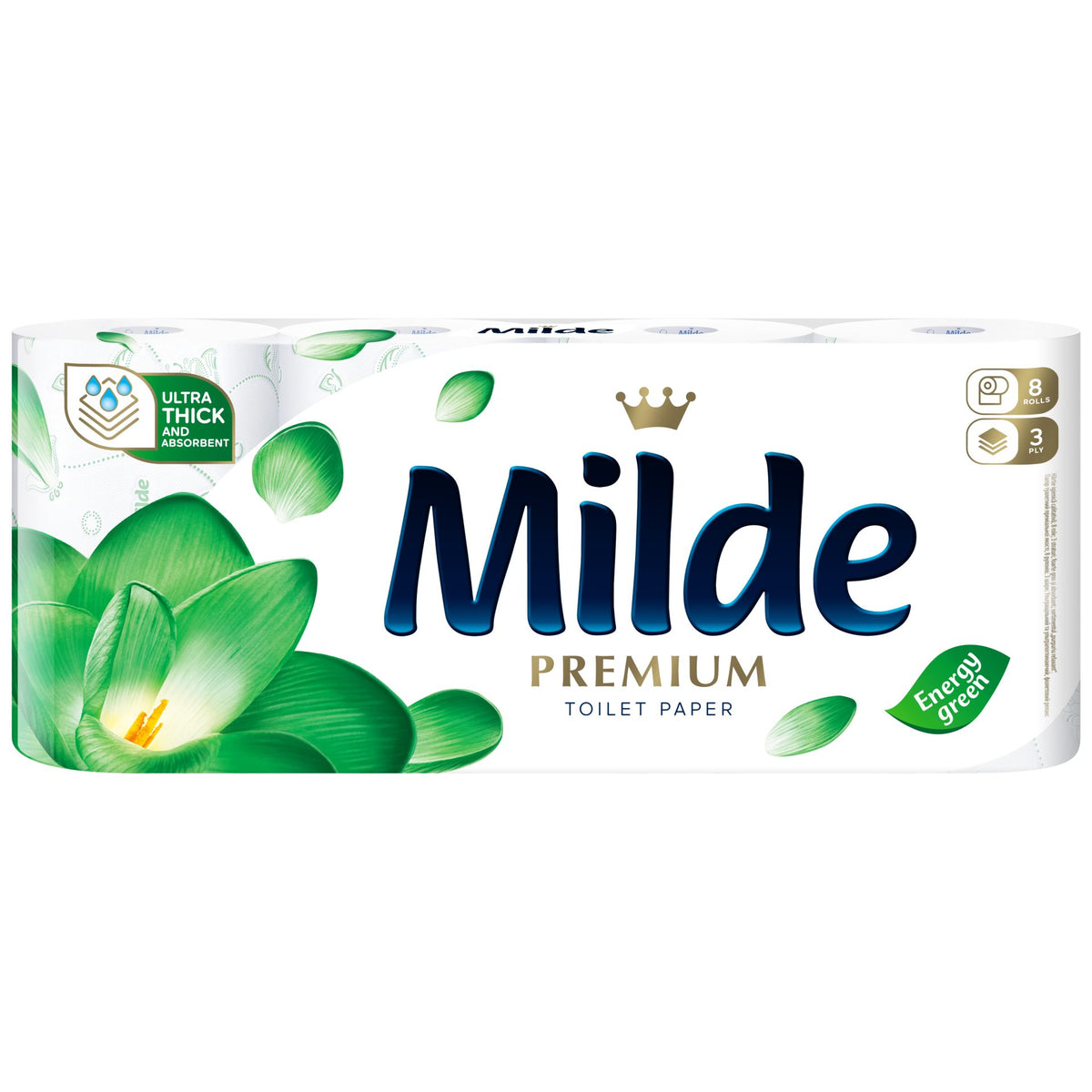 Hartie Igienica Milde Energy Green, 3 Straturi, Parfum Floral, Textura Fina si Rezistenta, Celuloza 100%, 8 Role