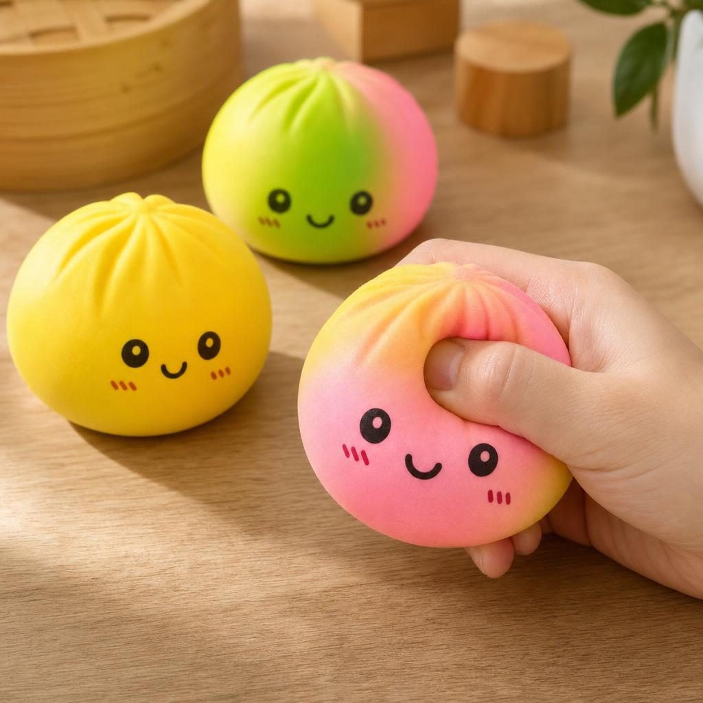Flampy Jucarie Squishy Antistres, Model Dumpling Interactiv, Silicon Si Plastic, Multicolor Curcubeu, 8.5 cm