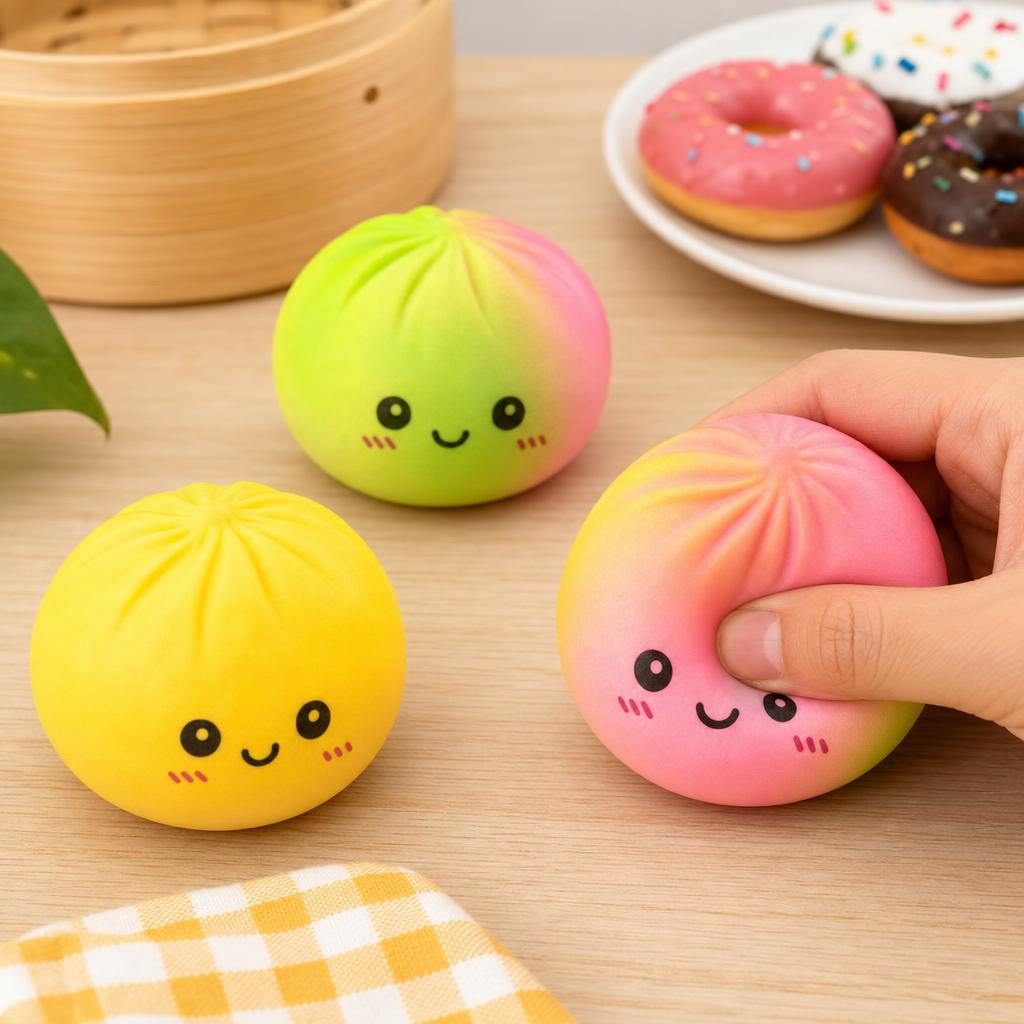 Flampy Jucarie Squishy Antistres, Model Dumpling Interactiv, Silicon Si Plastic, Multicolor Curcubeu, 8.5 cm