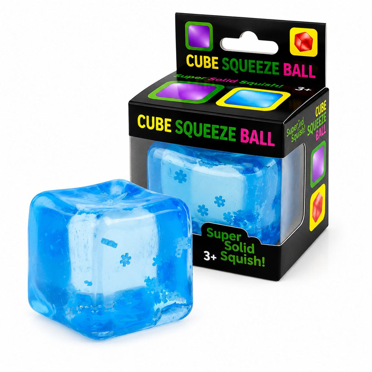 Jucarie Squishy Antistres, Cub Fidget Ice Cube cu Fulgi de Nea, Revenire Lenta, Material TPR Elastic, 3.5x3.5 cm, Albastru Deschis